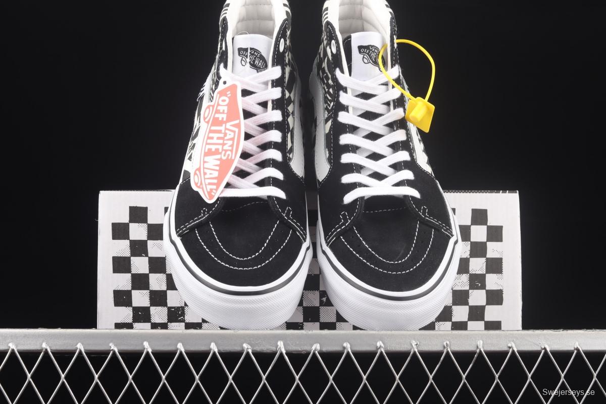 Vans Sk8-Hi black and white checkerboard lattice side stripes high-top casual board shoes VN0A5FCC9CU