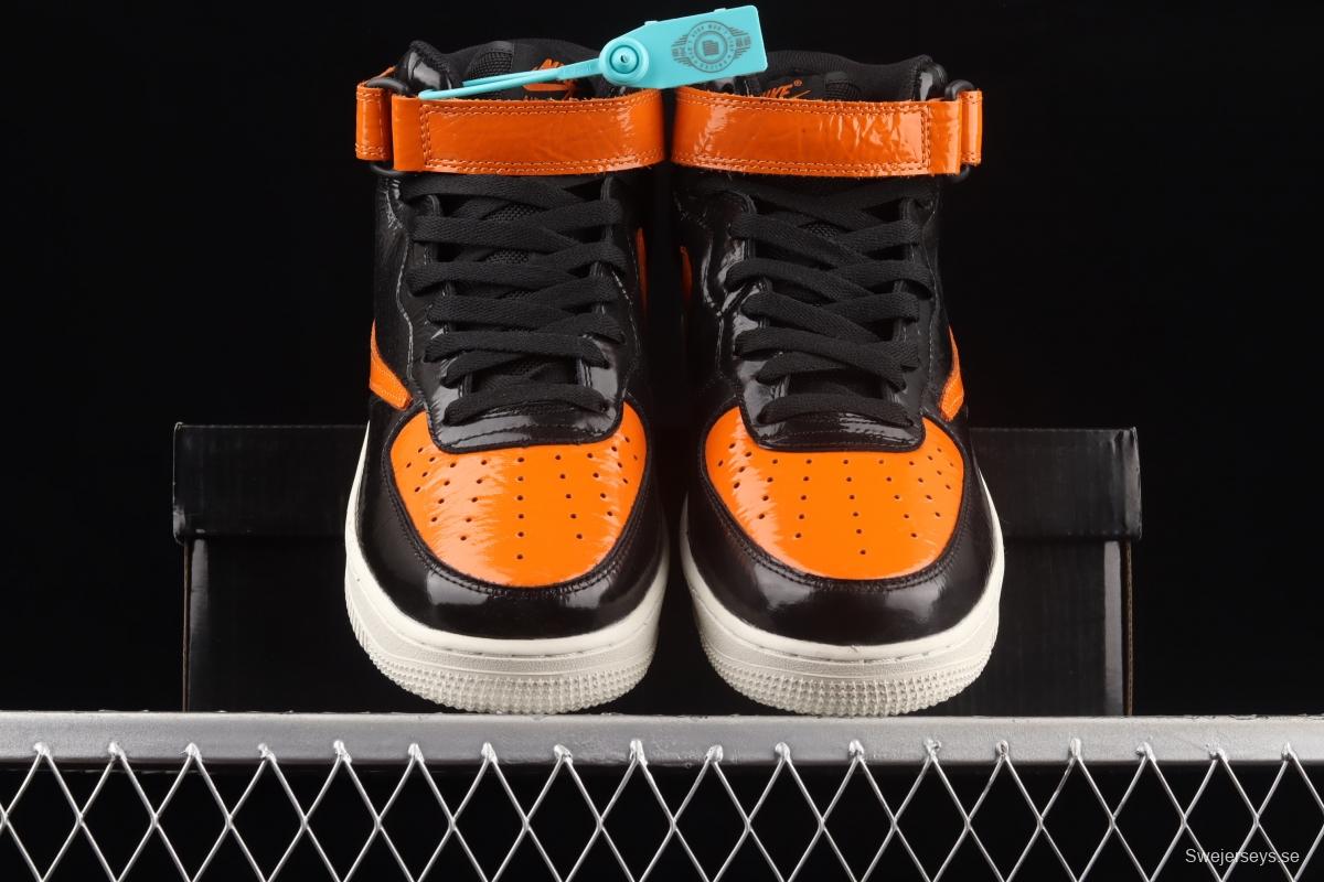 NIKE Air Force 1o07 Mid lacquered leather black orange color counterhook Zhongbang casual board shoes 804609-188