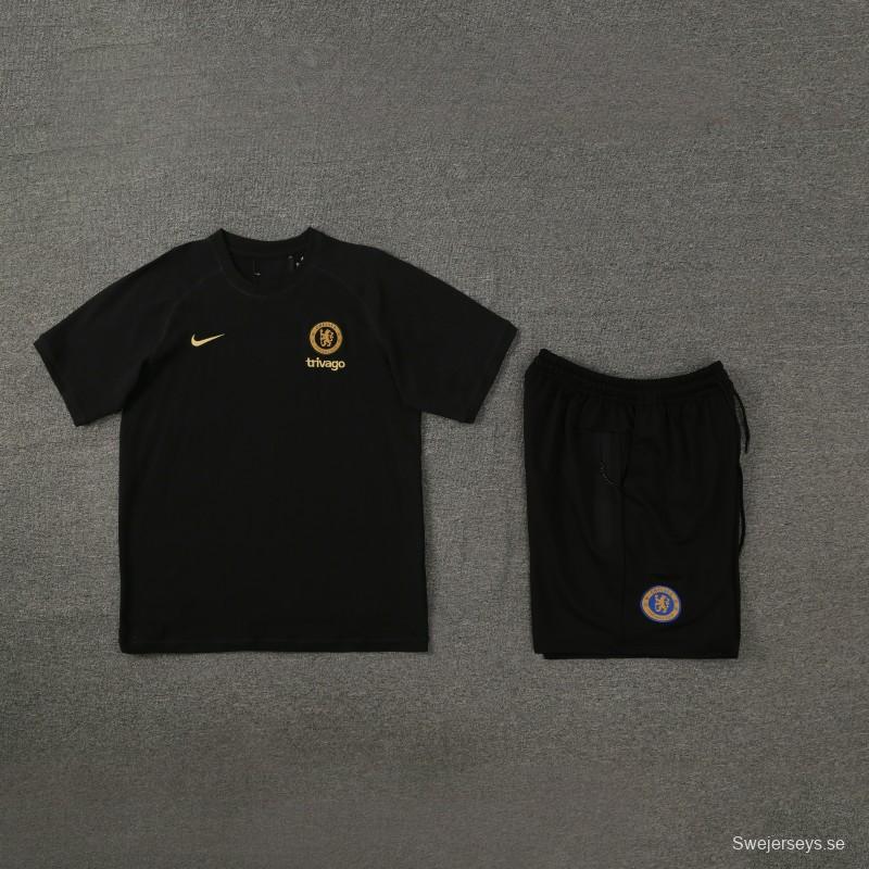 23/24 Chelsea Black Cotton Short Sleeve Jersey+Shorts